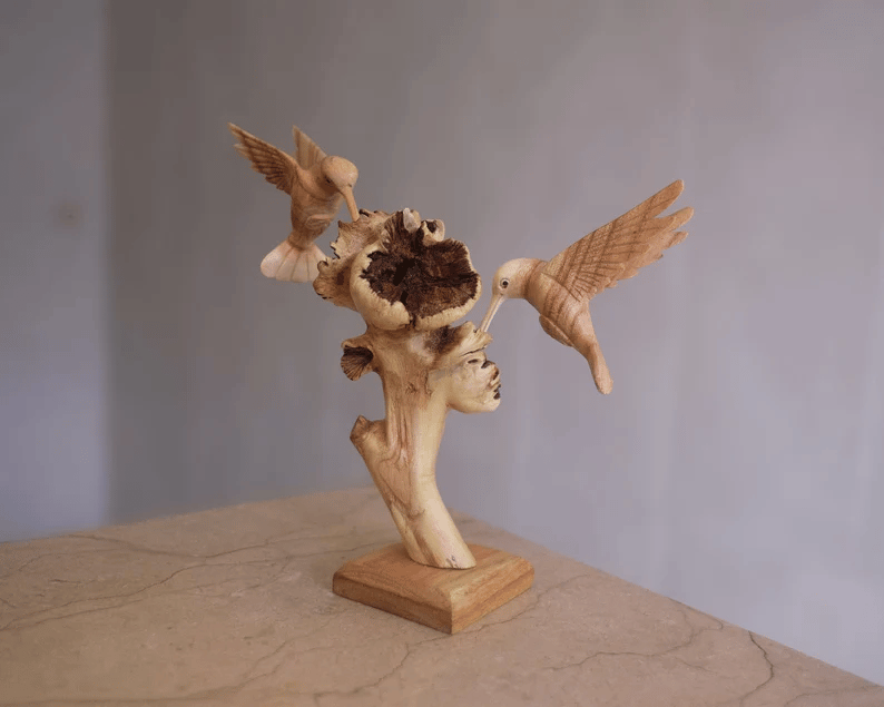 Wooden Hummingbird Feeding on a Flower, Handmade Sculpture