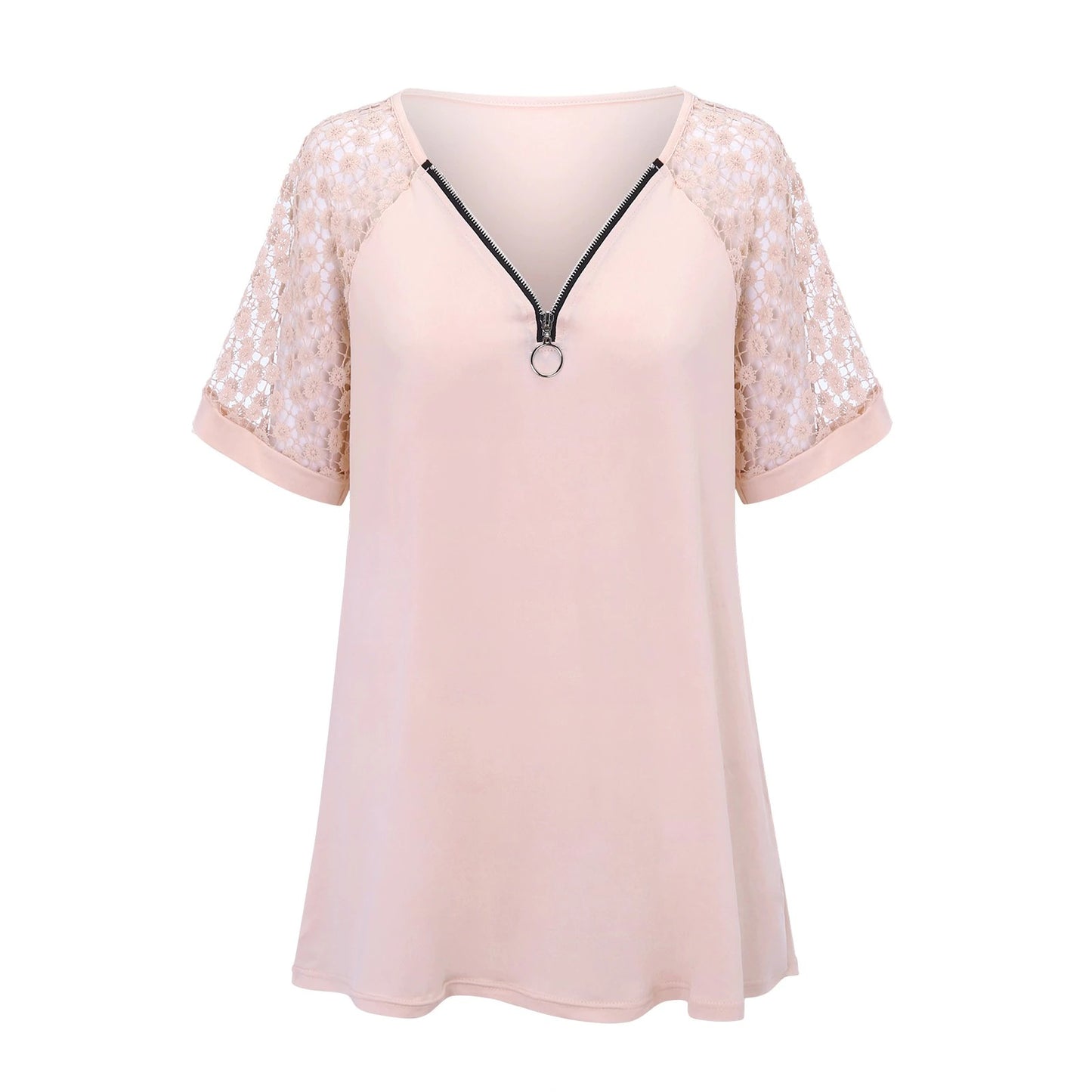 2024 NEW FASHION CASUAL LACE TOPS PATCHWORK SUMMER V-NECK HOLLOW OUT T-SHIRT