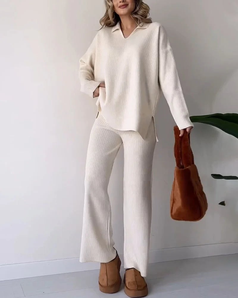 V-neck casual slit knitted two-piece set