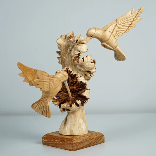 Wooden Hummingbird Feeding on a Flower, Handmade Sculpture – msheep.com