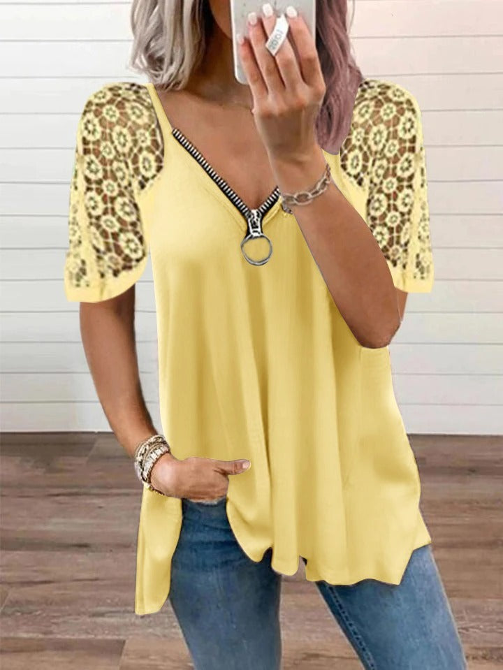 2024 NEW FASHION CASUAL LACE TOPS PATCHWORK SUMMER V-NECK HOLLOW OUT T-SHIRT