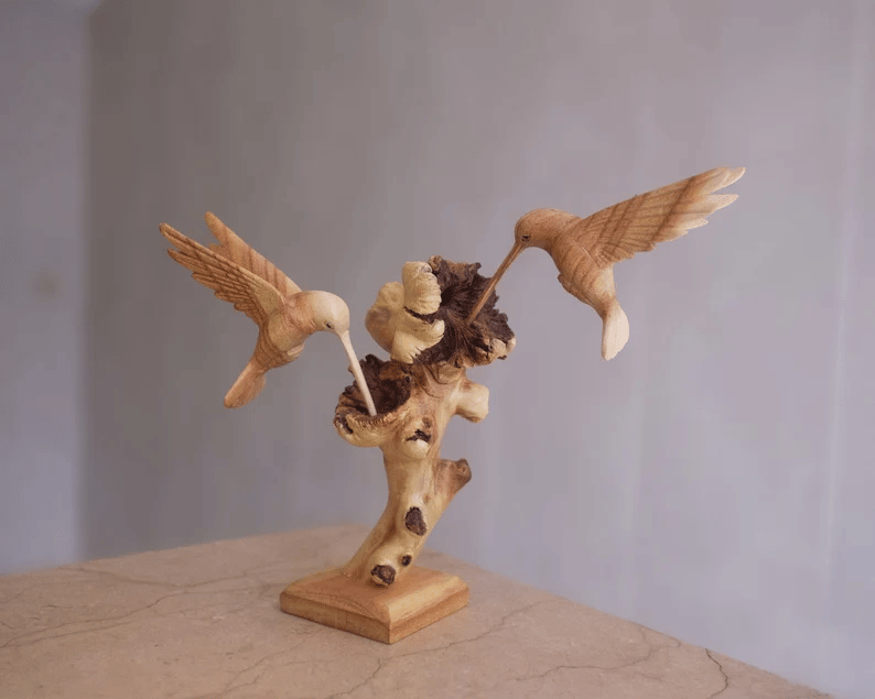 Wooden Hummingbird Feeding on a Flower, Handmade Sculpture