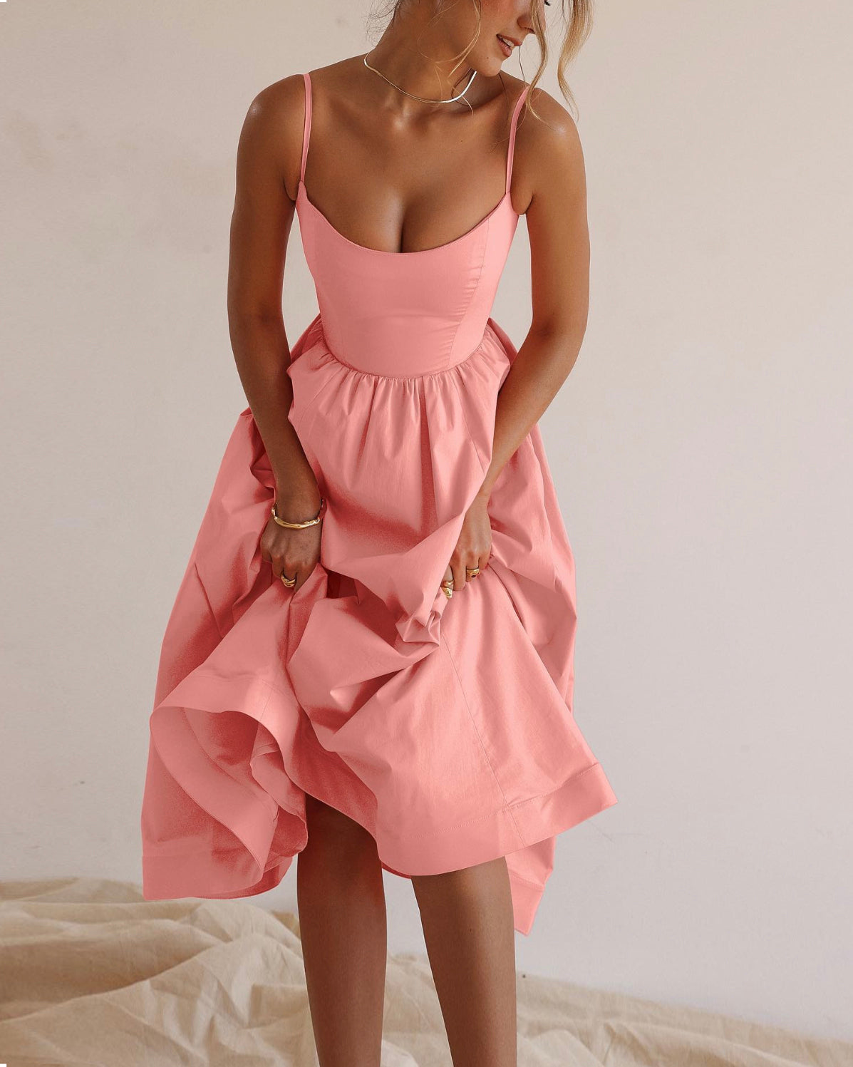Solid V-neck Pleated Waist Dress