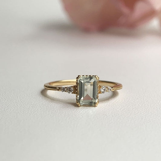 Natural Green Emerald Cut Prasiolite RingsAnniversary Birthday Gift For Her